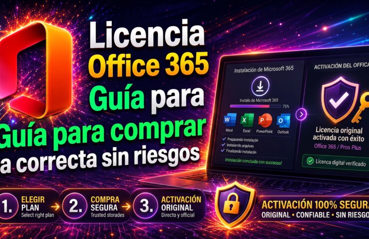 Portátil con Word, Excel y PowerPoint abiertos y una licencia Office 365 original activada